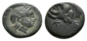 (Bronze. 0.89g 10mm) TROAS. Kebren. Ae (Circa 387-310 BC).
Laureate head of Apollo right.
Rev: Head of ram right; K below.
SNG Copenhagen 263-5.