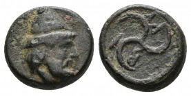(Bronze.1.15g 10mm) TROAS. Birytis. Circa 350-300 BC. AE 
Head of Kabeiros to right, wearing pilos. 
Rev. B-I/P-Y / triskeles. 
SNG Copenhagen 251-...