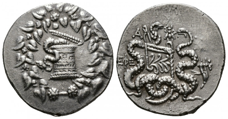 (Silver,12.72g. 28mm) IONIA. Ephesos. Cistophorus (139/138 BC).
Cista mystica w...