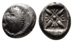 (Silver1.06g 9mm) Ionia, Miletos. AR Obol c. 525-475 BC.
Forepart of lion to left.
Rev. Stellate pattern in incuse square.
Klein KM 424; SNG Kayhan...
