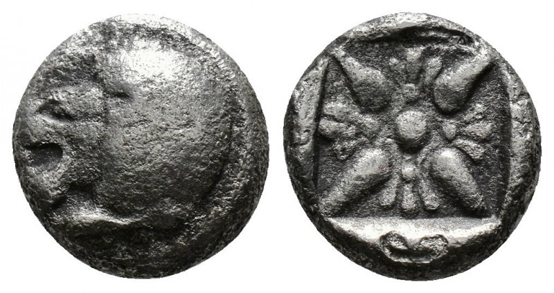 (Silver. 1.21g 11mm) Ionia. Miletos circa 500 BC. Diobol AR
Forepart of lion ri...