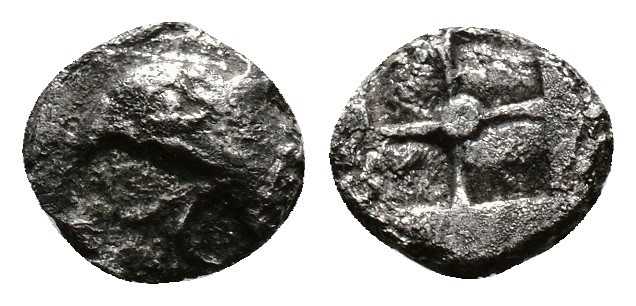 (Silver. 0.37g 7mm) Ionia. Phokaia circa 600-500 BC. Tetartemorion AR
Head of g...
