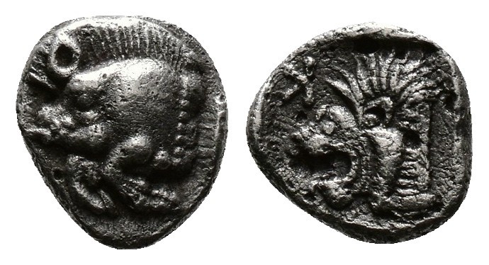 (Silver. 0.37g 7mm) Mysia. Kyzikos circa 480 BC. Tetartemorion AR
Forepart of b...