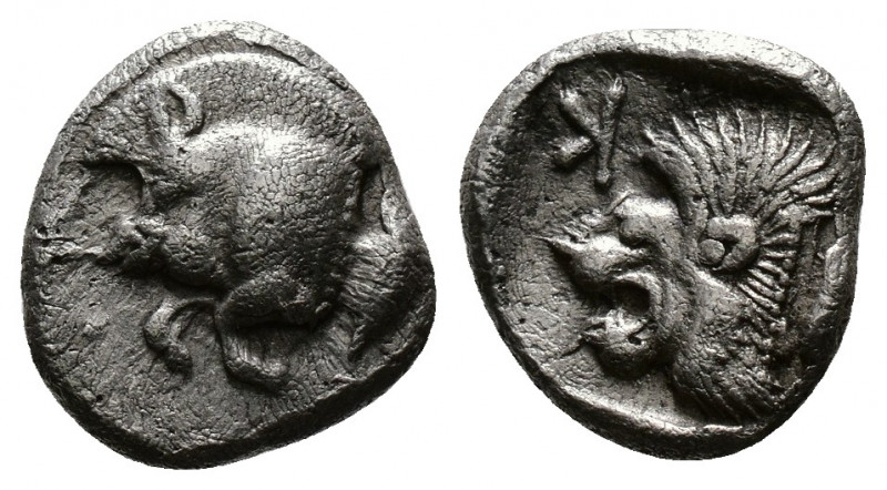(Silver. 0.80g 10mm) MYSIA, Kyzikos. Circa 450-400 BC. AR Hemiobol
Forepart of ...