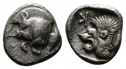 (Silver. 0.80g 10mm) MYSIA, Kyzikos. Circa 450-400 BC. AR Hemiobol
Forepart of boar left; to right, tunny upward.
Rev: Head of roaring lion left; al...