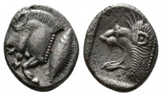 (Silver. 1.16g 12mm) Mysia, Kyzikos. Ca. 525-475 B.C. AR Diobol.
Forepart of boar left; to right, tunny upward.
Rev: Head of roaring lion left; all ...