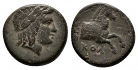 (Bronze.1.97g 13mm) IONIA. Kolophon. Ae (Circa 330-285 BC). 
Laureate head of Apollo right.
Rev: Forepart of horse right.
Milne, Colophon, 114a.