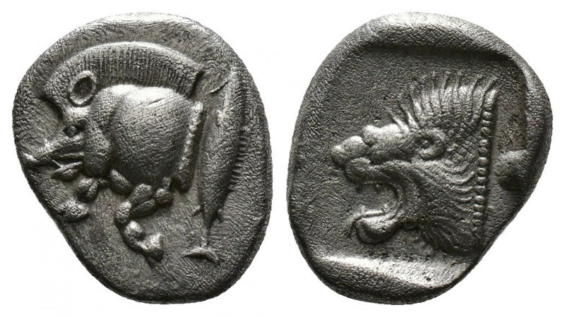 (Silver. 1.25g 11mm) Mysia, Kyzikos. Ca. 525-475 B.C. AR diobol 
Forepart of bo...