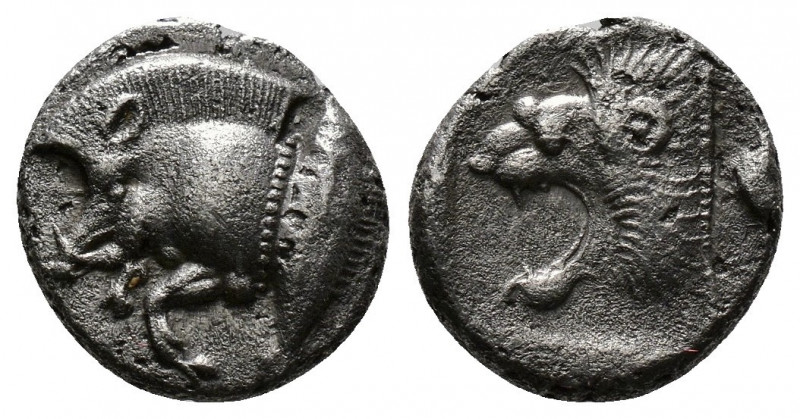 (Silver. 1.12g 12mm) Mysia. Kyzikos circa 480 BC. Diobol AR
Forepart of boar le...