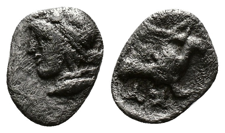 (Silver. 0.32g 7mm) Mysia, Kyzikos Hemiobol. Circa 450-400 BC.
Head of Attis to...