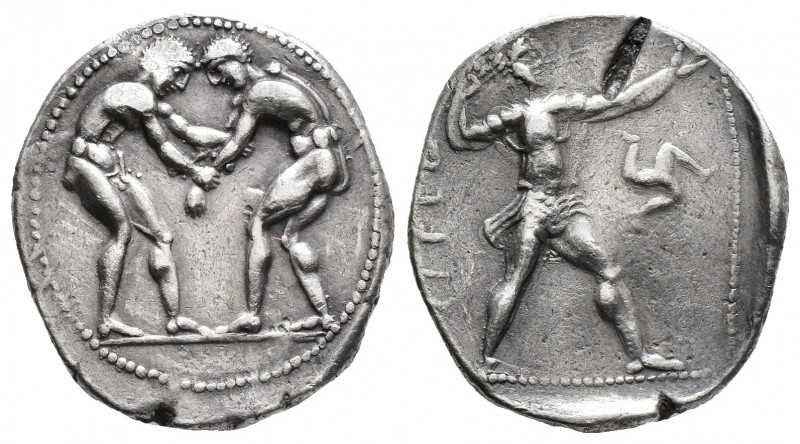 (Silver,9.13g 22mm) Pamphylia. Aspendos 370-330 BC. Stater AR
Two wrestlers gra...