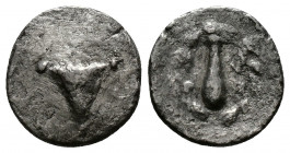 (Silver. 1.15g 13mm) CAPPADOCIA. Eusebeia . Ca. 2nd-1st Centuries BC . AR Diobol
Pyramid-shaped object with pellets at each corner
Rev: Club within ...