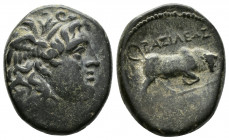 (Bronze. 6.76g 18mm) SELEUKID KINGDOM. Seleukos I Nikator (312-281 BC). Ae. Sardeis.
Winged head of Medusa right.
Rev: BAΣIΛEΩΣ / ΣΕΛΕΥΚOY./ Bull bu...
