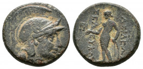 (Bronze. 3.95g 17mm) SELEUKID KINGS OF SYRIA. Seleukos II Kallinikos, 246-226 BC. AE Sardes
Head of Athena to right, wearing crested Attic helmet. 
...