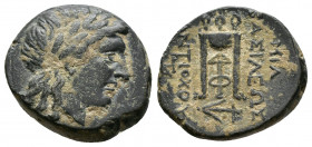 (Bronze. 4.47g 18mm) SELEUCID KINGDOM. Antiochus II Theos (261-246 BC). AE Sardes. 
Laureate head of Apollo right 
Rev: tripod, monograms to outer l...