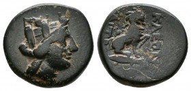 (Bronze.3.50g 16mm) Asia Minor, unreaserched 1.th century? BC
Head of tyche right
Rev: Lion on amphora, KLEO, magistrat