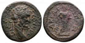 (Bronze, 4.45g 17mm) Lydia. Akrasos . Septimius Severus AD 193-211. 
 laureate head right 
Rev. AKPAC-IΩTΩN, Asklepios standing facing, head left, r...