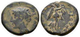 (Bronze, 5.77g 19mm) PHRYGIA, Acmoneia. Augustus. 27 BC-AD 14. Kordos, magistrate.
 Bare head left; lituus to left 
Rev. Nike advancing right, holdi...