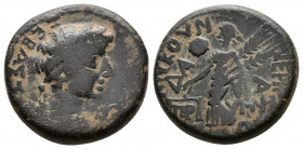(Bronze, 6.99g 17mm) PHRYGIA, Prymnessus. Tiberius. AD 14-37. Kaikilios Plokamos, magistrate (?)
Laureate head right 
Rev. Dikaiosyne advancing left...