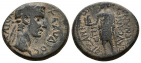 (Bronze, 4.26g 20mm) Claudius Aezani, Phrygia. AD 41-54. Menogenes, son of Nanna, magistrate. 
KΛAYΔIOC KAICAP, laureate head right 
Rev.EΠI MHNOΓEN...