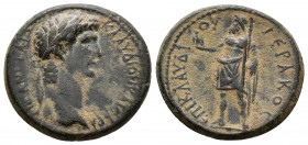 (Bronze, 4.15g 19mm) PHRYGIA. Aezanis. Claudius, 41-54. struck under the magistrate Claudius Hierax.
 KΛAYΔION KAICAPA AIZANITAI Laureate head of Cla...