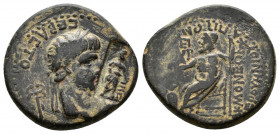 (Bronze, 3.83g 18mm) Nero (54-68). Phrygia, Acmoneia. L. Servinius Capito, magistrate, and his wife, Iulia Severa, c. AD 62. 
Laureate head r.; caduc...