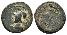 (Bronze, 3.07g 14mm) Phrygia, Laodikeia, c. 1st century AD. Æ. 
Helmeted and draped bust of Athena left. 
Rev. Nike walking l., holding wreath.
 SN...