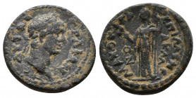 (Bronze, 2.23g 15mm) PHRYGIA. Acmonea. Trajan (98-117). Menemachos, grammateus. 
 AYTOKPA TPAIANOC. Laureate head right.
 Rev: ЄΠI MЄNЄMAXOY AKMONЄΩ...