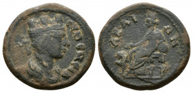 (Bronze, 3.80g 16mm) Phrygia, Eumeneia. Pseudo-autonomous issue. Late 2nd-3rd centuries A.D. Æ 
 Turreted and draped bust of Tyche right 
 Cybele se...