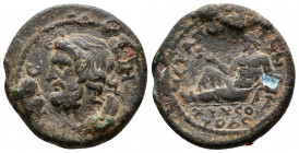 (Bronze, 5.61g 19mm) Phrygia Hierapolis 'Pseudo-autonomous': Second or early third century AD.
laureateheaded and draped bust of the Demos (bearded),...