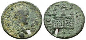 (Bronze, 5.49g 22mm) PAMPHYLIA, Perge. Philip II. 244-249 AD.
 Laureate and draped bust of Philip right on globe 
Rev. ΠEΡ ΓAI ΩN around a money che...