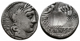 (Silver. 3.70g 18mm) C. Vibius C.f. Pansa. 90 BC. Rome Denarius AR
Laureate head of Apollo right,
Rev: Minerva driving galloping quadriga right, hol...