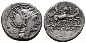 (Silver. 3.86g 19mm) T. Mallius Mancinus, Ap. ClaudiusPulcher, and Q. Urbinius. 111-110 B.C. AR denarius. Rome.
Head of Roma right, wearing winged Ph...