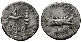 (Silver. 3.08g 18mm) Marcus Antonius (+30 BC). AR Denarius Patrae (?), 32-31 BC.
ANT AVG / IIIVIR R P C, / galley right.
Rev. LEG XXII,/ legionary a...