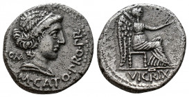 (Silver. 3.62g 18mm) M. PORCIUS CATO. Denarius (47-46 BC). Utica.
ROMA / M CATO PRO PR./ Draped bust of Roma right.
Rev: VICTRIX. / Victory seated r...