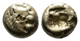 (Electrum 1.18g 8mm) KINGS OF LYDIA. Alyattes to Kroisos, circa 610-546 BC. Hemihekte - 1/12 Stater Sardes. 
Head of a lion with sun and rays on its ...