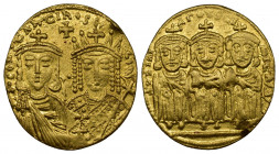 (Gold. 4.41g 20mm) Constantine VI and Irene, with Leo III, Constantine V, and Leo IV AV Solidus. Constantinople, AD 792-793. 
COҺSTAҺTI' ЬASI' / Crow...