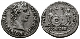 (Silver. 3.81g 20mm) Augustus. 27 BC-AD 14. AR Denarius . Lugdunum (Lyon) mint. 
Laureate head right
Rev: Caius and Lucius Caesars standing facing, ...