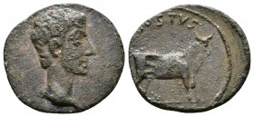 (Bronze, 2.69g 17mm) Augustus (27 BC-AD 14). AR/AE fourree denarius Pergamum, ca. 27 BC. 
CAESAR, bare head of Augustus right; dotted border 
Rev. A...