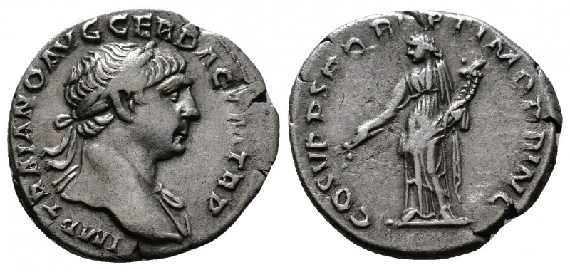 (Silver, 2.95g 20mm) Trajan (98-117 AD), AR Denarius 
 laureate bust right, wit...