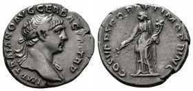 (Silver, 2.95g 20mm) Trajan (98-117 AD), AR Denarius 
 laureate bust right, with aegis on far shoulder 
Rev. Genius, naked except for cloak, holding...