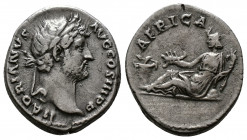 (Silver. 3.59g 18mm) HADRIAN (117-138). Denarius. Rome. "Travel Series" issue.
Laureate head right.
Rev:Africa, wearing elephant skin headdress, rec...