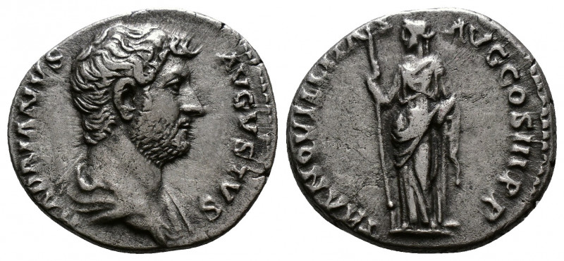 (Silver.3.39g 20mm) HADRIAN (117-138). Denarius. Rome.
Bareheaded bust right, w...