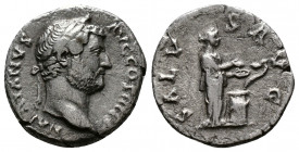 (Silver. 2.58g 17mm) HADRIAN (117-138). Denarius. Rome.
Bare head right.
Rev: Salus standing right, holding patera and feeding serpent rising from a...