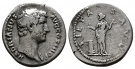 (Silver 2.66g 19mm) Hadrian AD 117-138. Rome. Denarius AR
bare head right.
Rev: Pietas standing left by altar, raising both hands.
RIC 257