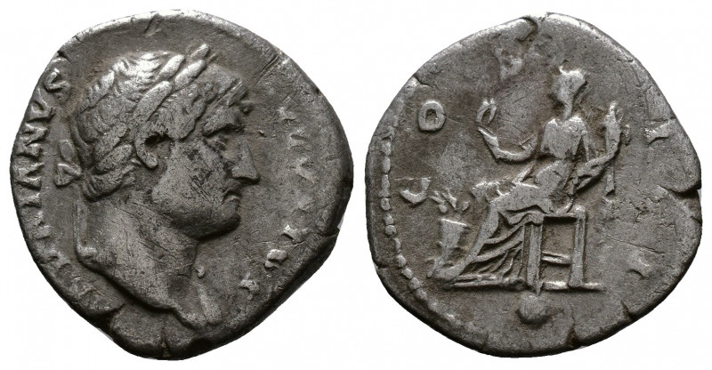(Silver, 2.78g 19mm) HADRIAN (117-138). Denarius. Rome. 
Laureate bust right, w...