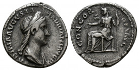 (Silver. 3.30g 18mm) SABINA (Augusta, 128-137). Denarius. Rome.
Draped bust right.
Rev: Concordia seated left with patera and sceptre.
RIC 399a