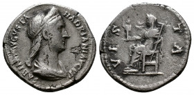 (Silver. 2.93g 19mm) SABINA (Augusta, 128-136/7). Denarius. Rome.
Draped bust right.
Vesta seated left on throne, holding palladium and sceptre.
RI...