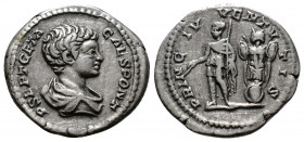 (Silver, 3.19g 21mm) Geta. Denarius. 200-202 AD. Rome 
 bare-headed and draped bust to right. 
Rev.Prince standing to left, holding branch and spear...