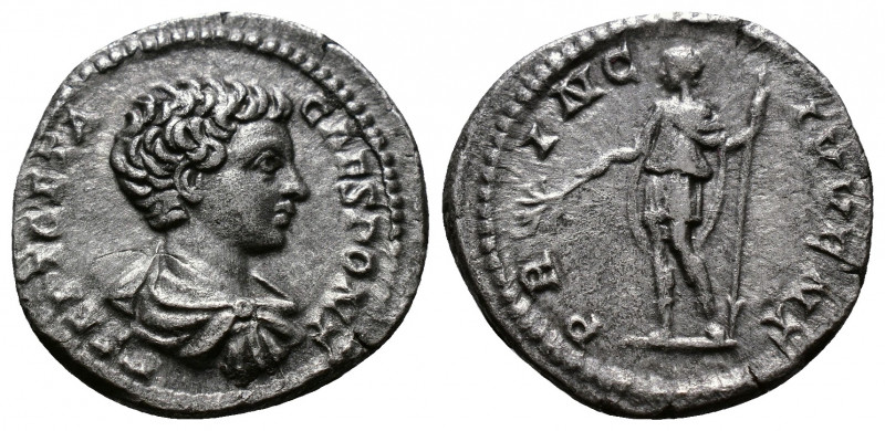 (Silver, 3.31g 19mm) Geta As Ceasar (198-209) 
Draped and cuirassed bust, bare ...